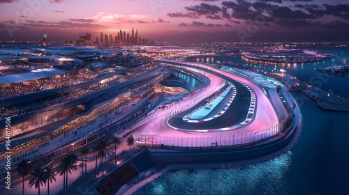 Aerial view of a race track lit up at sunset with a city skyline in the background. photo