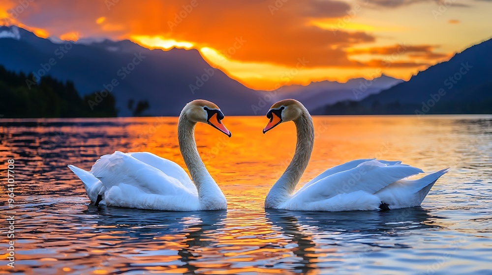 A pair of swans gracefully swimming together at sunset on a tranquil mountain lake.