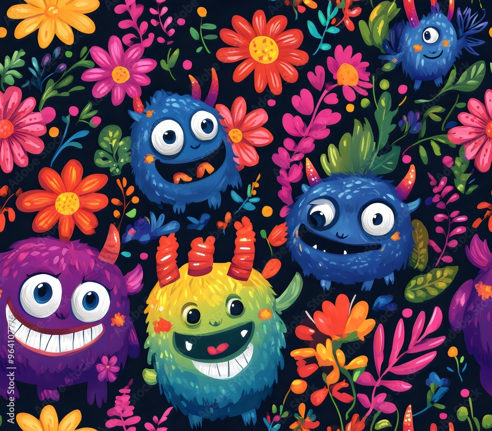 Seamless pattern of playful monsters amidst colorful flowers on a background, cartoon style. Generative AI Seamless pattern of playful monsters amidst colorful flowers on a background, cartoon style. Generative AI