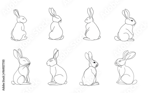 Set of rabbits, Easter bunny set in simple one-line style. Rabbit icon. Black and white minimal concept vector illustration.