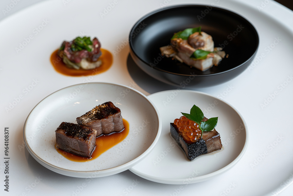 Modern Minimalist Restaurant Interior with Close-Up of Three Japanese Dishes Modern Minimalist Restaurant Interior with Close-Up of Three Japanese Dishes