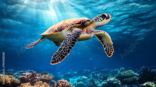 A sea turtle swimming through a coral reef, illuminated by sunbeams filtering through the water.