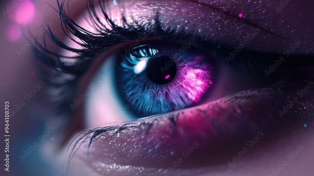 The detailed close-up showcases a striking eye featuring vibrant blue and purple hues intermingled with celestial patterns, emphasizing its unique beauty against a dark backdrop The detailed close-up showcases a striking eye featuring vibrant blue and purple hues intermingled with celestial patterns, emphasizing its unique beauty against a dark backdrop