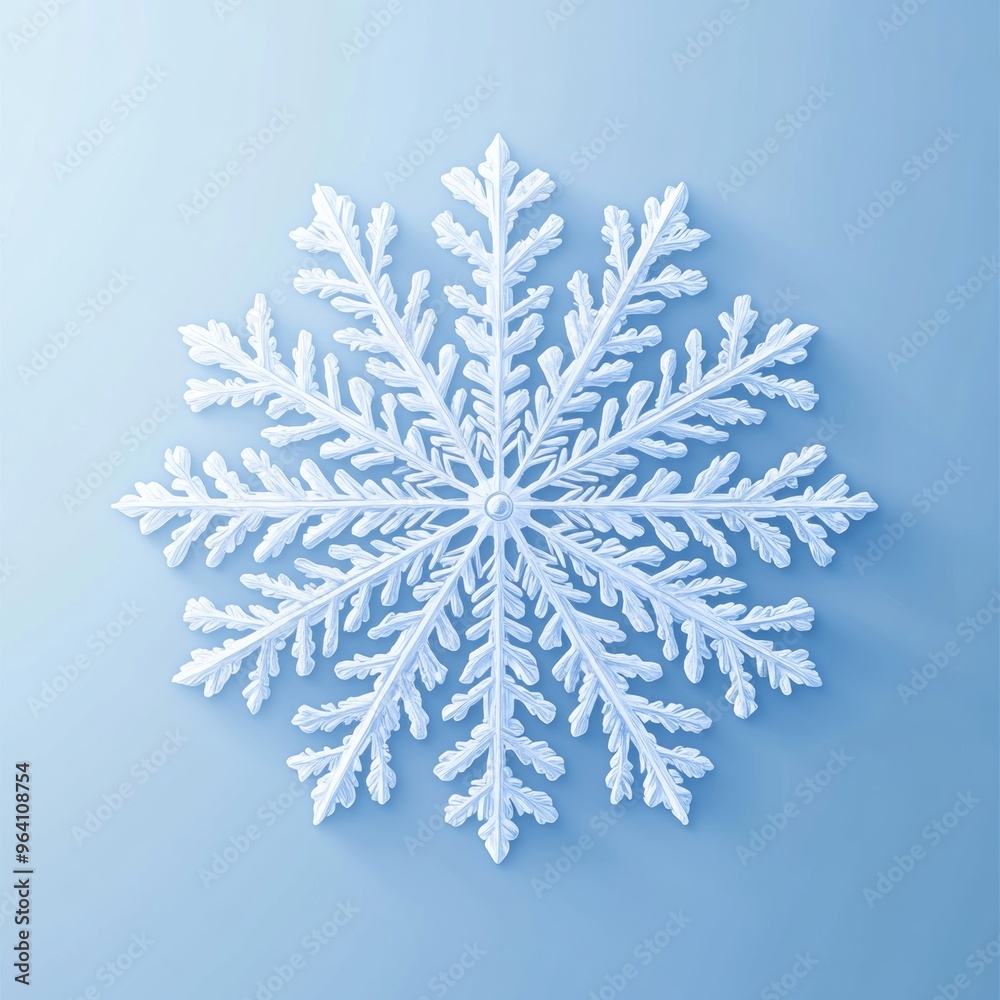 An illustration of a snowflake with intricate details, layered over a gradient blue background with a soft, wintry glow