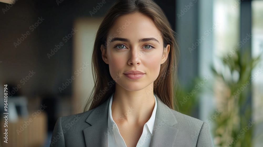 portrait of a person, business-casual dressed woman, facing forward, career woman, clean and neat attire, office background portrait of a person, business-casual dressed woman, facing forward, career woman, clean and neat attire, office background