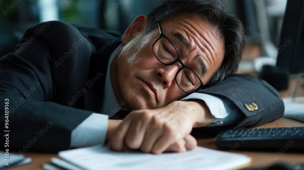 In a bustling office, a fatigued businessman rests his head on his arms, leaning on a desk covered with papers. The atmosphere reflects a busy workday in the afternoon In a bustling office, a fatigued businessman rests his head on his arms, leaning on a desk covered with papers. The atmosphere reflects a busy workday in the afternoon