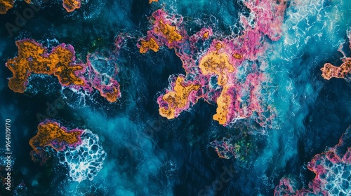 Aerial view of colorful coral reef underwater with blue water and white foam.