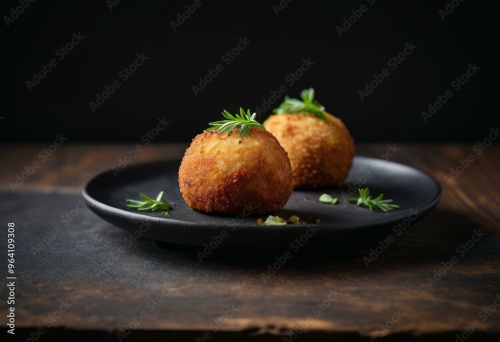 Golden-Brown Appetizers with Rosemary on Dark Plate Golden-Brown Appetizers with Rosemary on Dark Plate