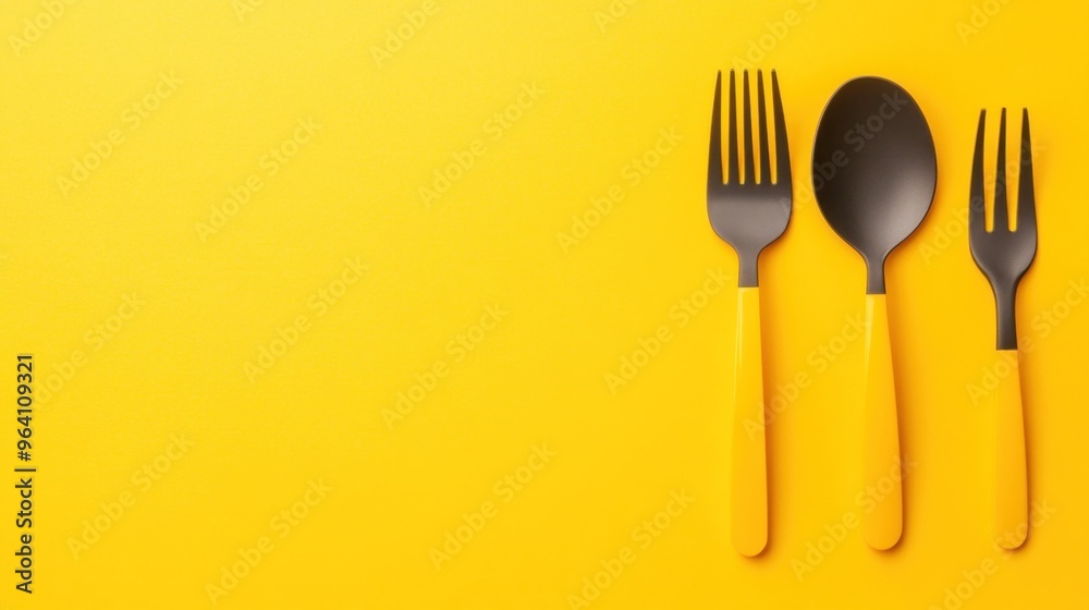Bright yellow cutlery rests on a matching yellow background, showcasing a black spoon and two forks with yellow handles, perfect for contemporary table settings Bright yellow cutlery rests on a matching yellow background, showcasing a black spoon and two forks with yellow handles, perfect for contemporary table settings