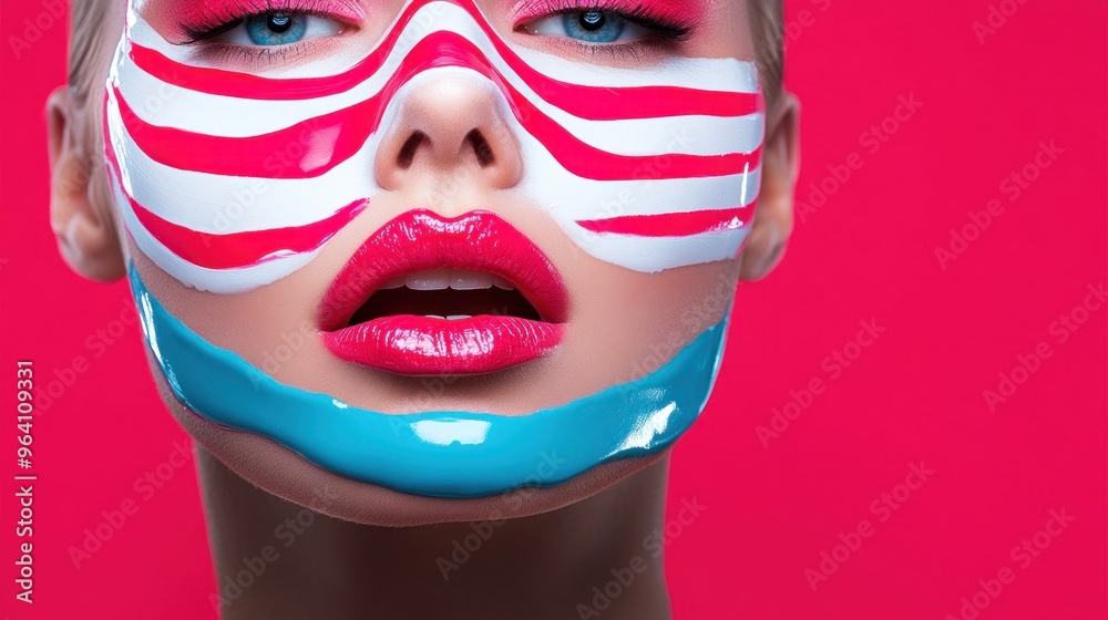 A model displays striking face paint featuring red and white stripes alongside a blue section, creating an eye-catching artistic expression against a vivid pink background A model displays striking face paint featuring red and white stripes alongside a blue section, creating an eye-catching artistic expression against a vivid pink background