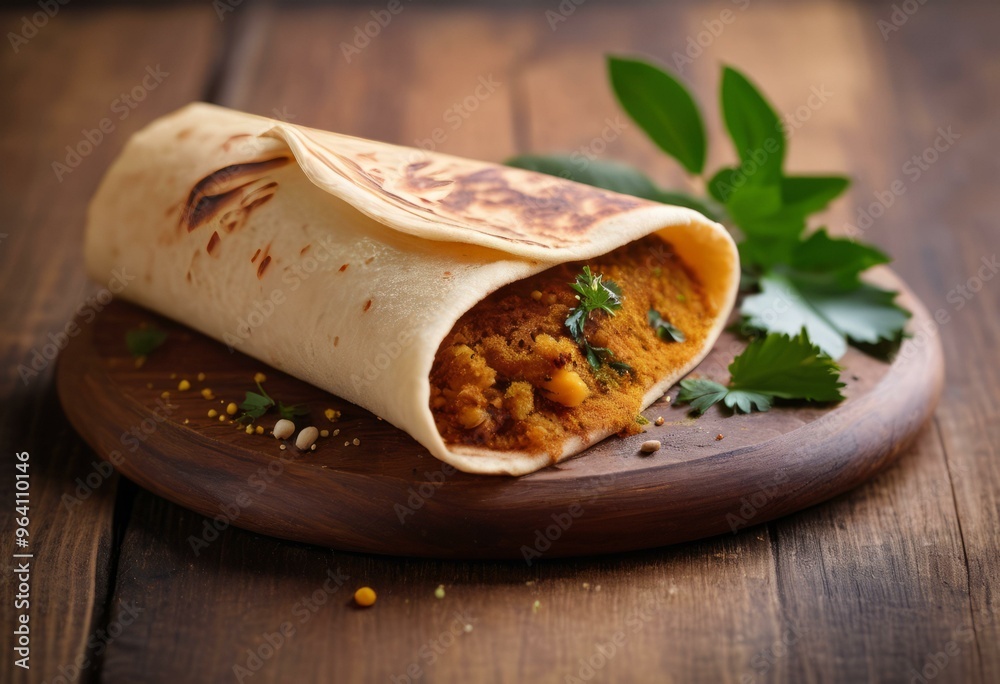 Chickpea and Vegetable Wrap with Parsley on Wooden Board with Spices