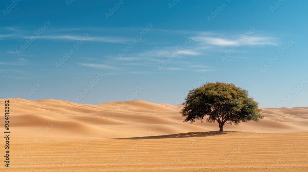 A lone tree rises amidst expansive golden sand dunes, showcasing nature's beauty and resilience in a serene desert setting with a bright blue sky overhead A lone tree rises amidst expansive golden sand dunes, showcasing nature's beauty and resilience in a serene desert setting with a bright blue sky overhead