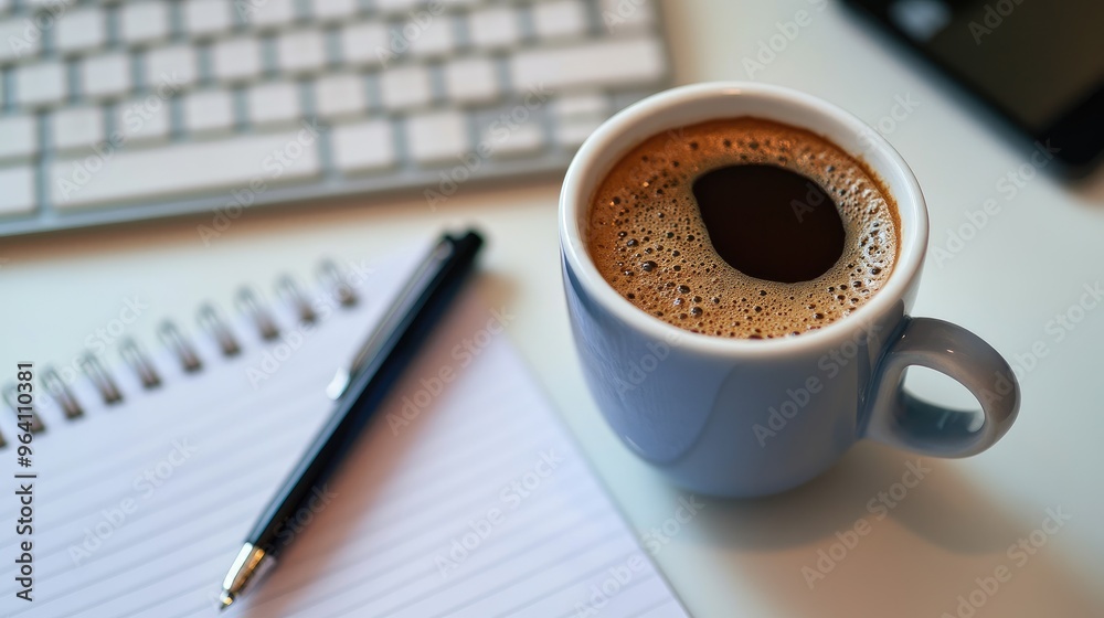 Top view of a coffee cup next to a keyboard, notepad, and pen, for a corporate environment feel. No logo, no people. Top view of a coffee cup next to a keyboard, notepad, and pen, for a corporate environment feel. No logo, no people.