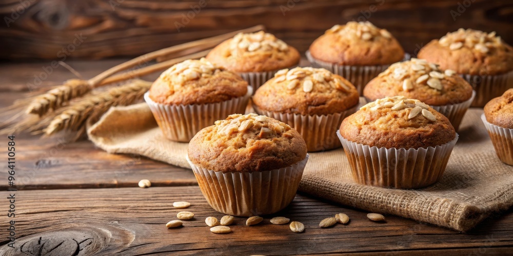 Oatmeal muffins arranged on a rustic table with ample copy space Oatmeal muffins arranged on a rustic table with ample copy space