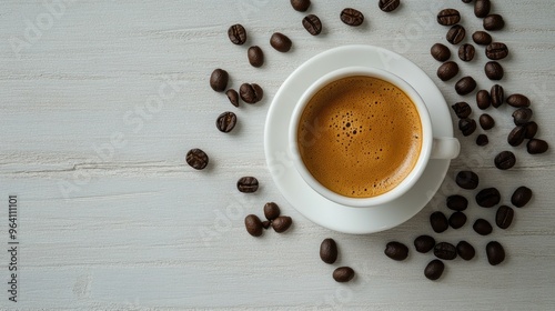 Top view of a cup of coffee on a light wooden table, with coffee beans scattered around for texture. No logo, no people.