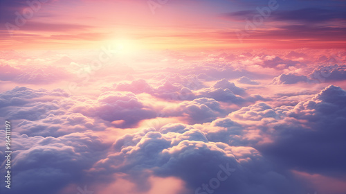 Romantic sunset sky above clouds with dramatic light. Pink skyscape. View from plane window. Realistic photo generated by Ai technology