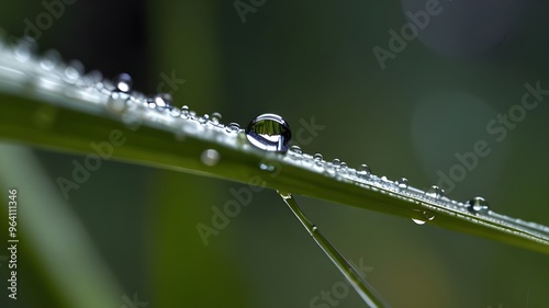 Closeup of a raindrop slowly sliding down a blade of grass, showcasing the beauty and simplicity of natures design. Generative AI photo