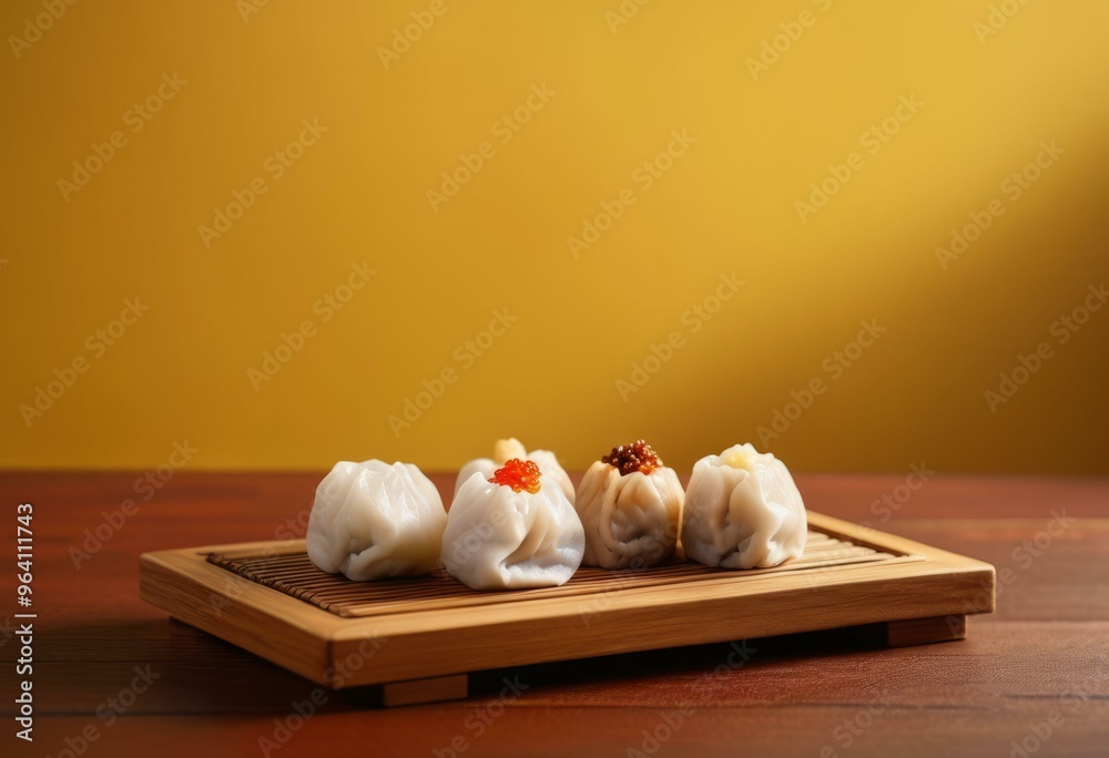 Rectangular Wooden Tray with Six Varieties of Dumplings on Mustard-Yellow Wall Rectangular Wooden Tray with Six Varieties of Dumplings on Mustard-Yellow Wall