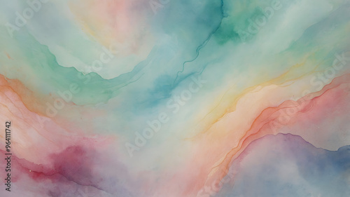 Fluid watercolor abstract artwork featuring soft pastel colors blending seamlessly with gentle curves and waves