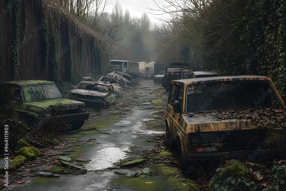 Post-apocalyptic highway littered with abandoned vehicles, overgrown with ivy and moss Post-apocalyptic highway littered with abandoned vehicles, overgrown with ivy and moss