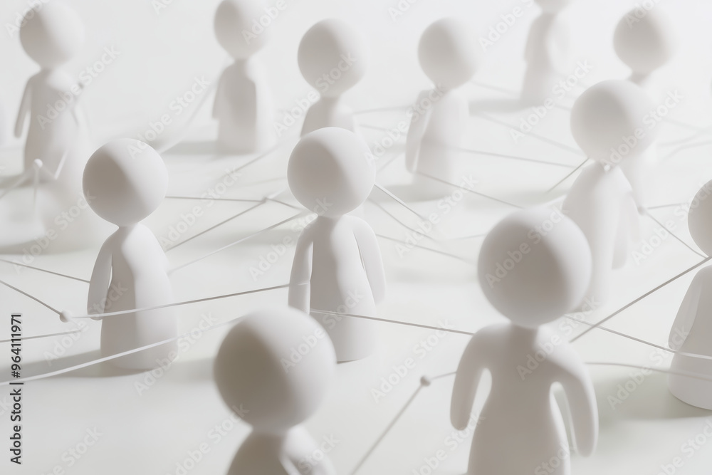 Obraz premium Abstract representation of community connections with white figures linked by threads on a light background