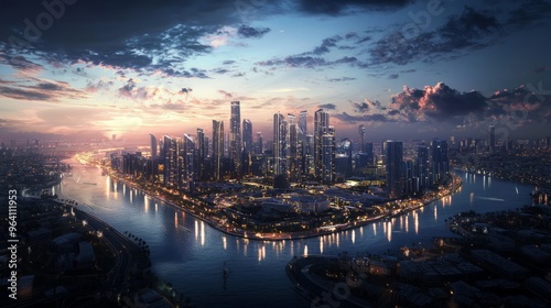 An aerial view of a city with skyscrapers and a river at sunset.