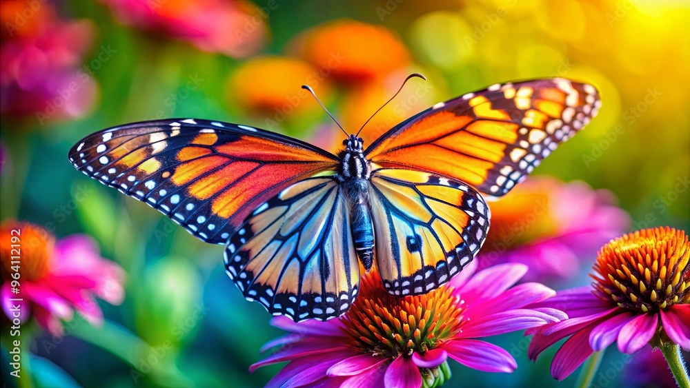 Naklejka premium Vibrant close-up image of a colorful butterfly on a flower