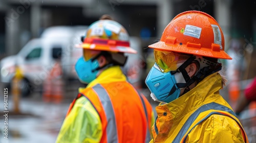 Construction Workers in PPE During Rain