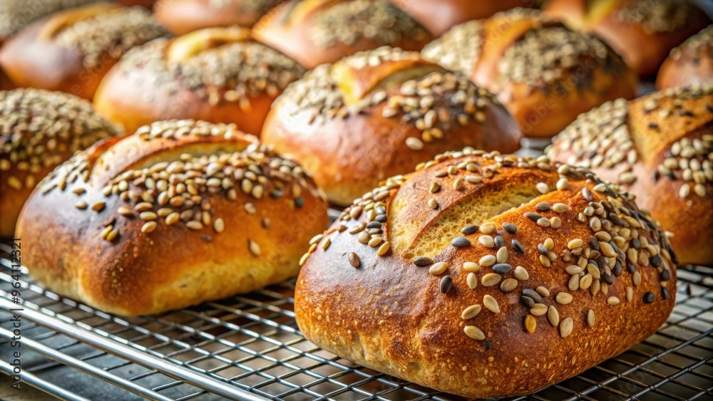 Close up of freshly baked bread loaves with seeds and crispy crust on baking rack Close up of freshly baked bread loaves with seeds and crispy crust on baking rack