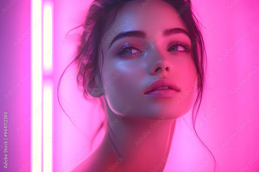 Graceful woman standing, with a soft neon glow