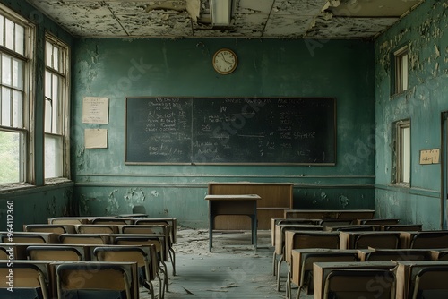 Post-apocalyptic school, its classrooms empty and echoing, with faded lessons still visible on chalkboards