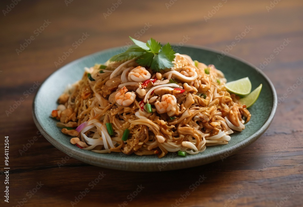 Pad Thai with Shrimp, Chicken, Peanuts, Cilantro, Blurred Background Pad Thai with Shrimp, Chicken, Peanuts, Cilantro, Blurred Background