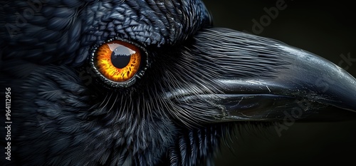 Close up of a raven's eye. The eye is sharp and intense, staring directly at the viewer.