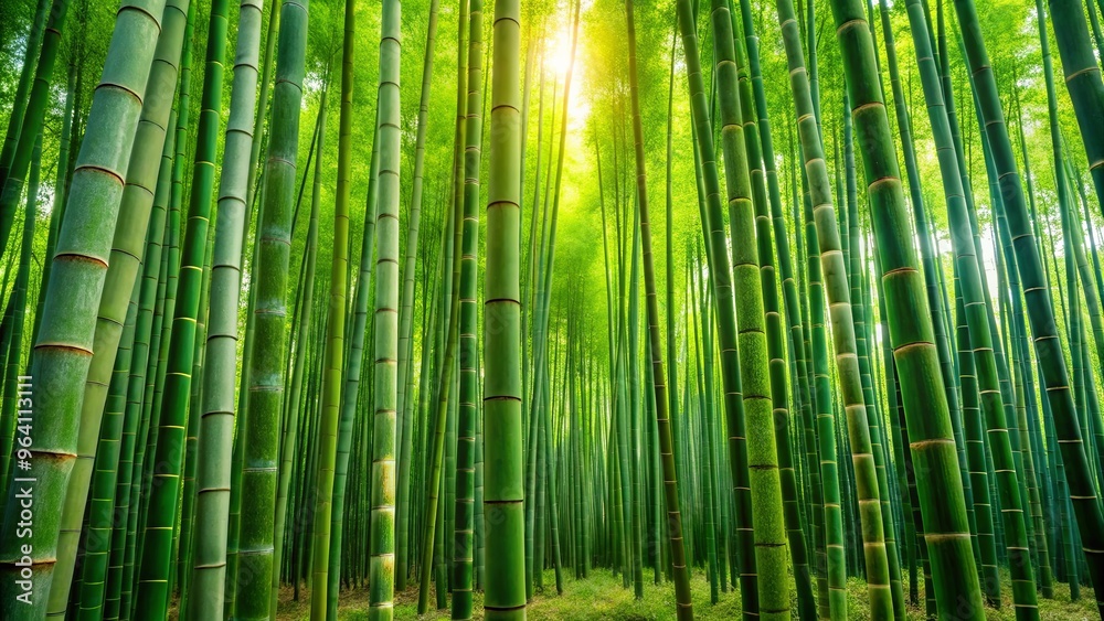Lush bamboo forest with tall green stalks in a serene natural setting Lush bamboo forest with tall green stalks in a serene natural setting