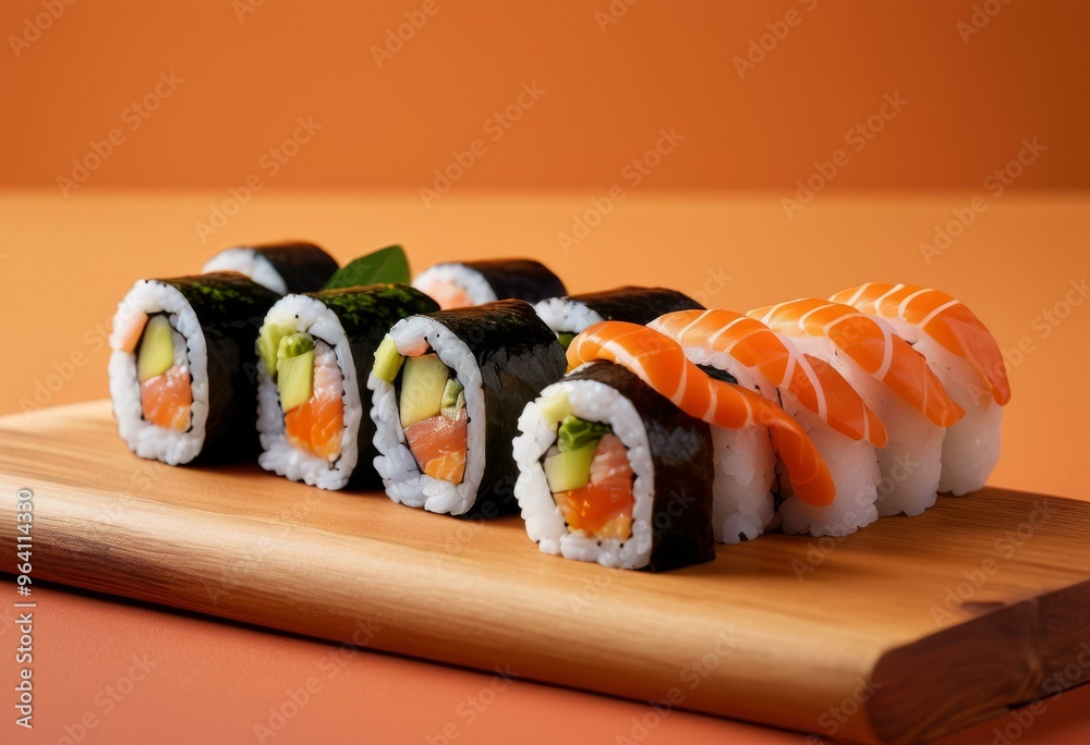 Neatly Arranged Sushi Rolls with Salmon and Avocado on Wooden Board Neatly Arranged Sushi Rolls with Salmon and Avocado on Wooden Board