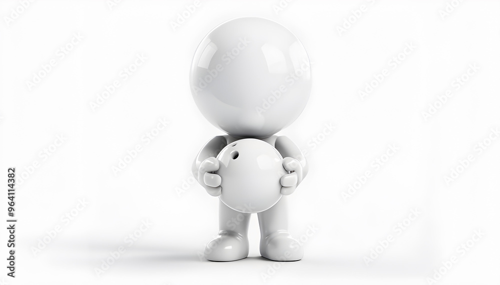 A detailed 3D rendering of a cartoonish white glossy humanoid character holding a bowling ball, standing in a minimalist scene, emphasizing simplicity and modern design. A detailed 3D rendering of a cartoonish white glossy humanoid character holding a bowling ball, standing in a minimalist scene, emphasizing simplicity and modern design.