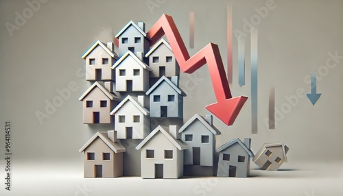 A group of small houses is shown with a large red arrow pointing down, symbolizing a housing market crash or decline.
