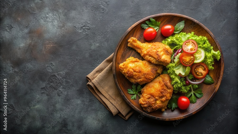 Top view of delicious fried chicken served with a side of fresh salad on a dark background, creating a mouth-watering dinner dish Top view of delicious fried chicken served with a side of fresh salad on a dark background, creating a mouth-watering dinner dish