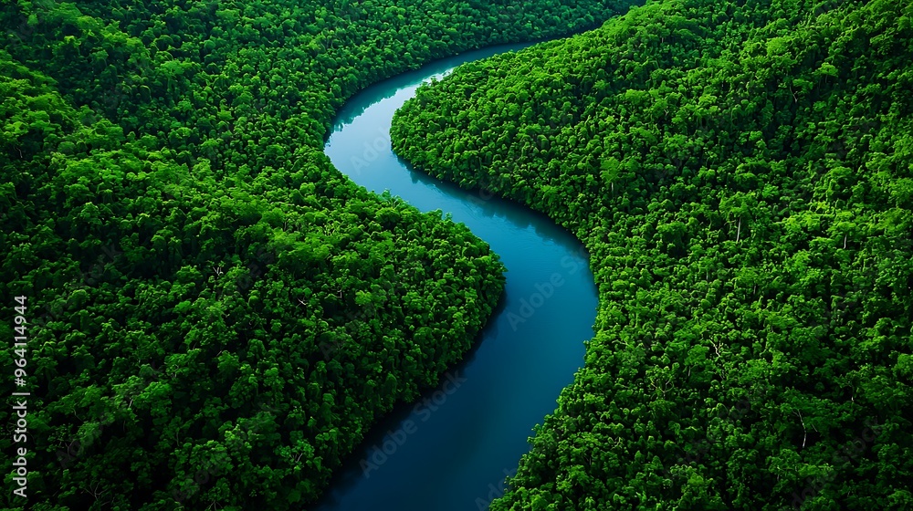 Obraz premium An aerial view of a winding river cutting through a lush, green rainforest.