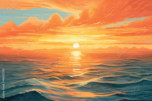 Vibrant sunset over ocean waves