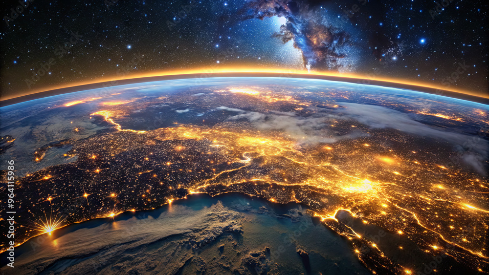 The vibrant glow of cities across Europe shines brightly against the dark backdrop of space, revealing intricate patterns of human habitation and natural beauty The vibrant glow of cities across Europe shines brightly against the dark backdrop of space, revealing intricate patterns of human habitation and natural beauty
