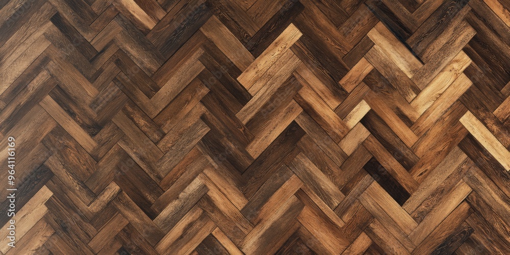 Herringbone patterned wooden flooring showcases a variety of natural shades and unique textures Herringbone patterned wooden flooring showcases a variety of natural shades and unique textures