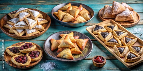 Traditional Purim baked goods in Israel including hamantaschen, rugelach, and sufganiyot photo