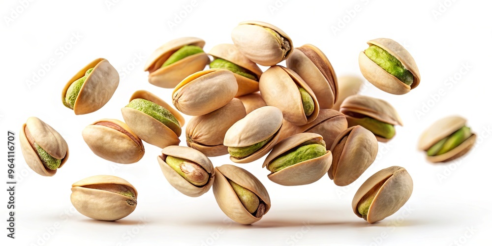 Fresh pistachios flying in mid air with isolated background for advertising campaigns Fresh pistachios flying in mid air with isolated background for advertising campaigns