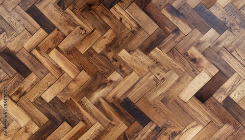 Herringbone patterned wooden flooring showcases a variety of natural shades and unique textures