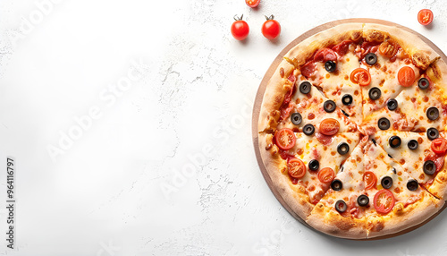 Tasty Pizza isolated on white, top view photo