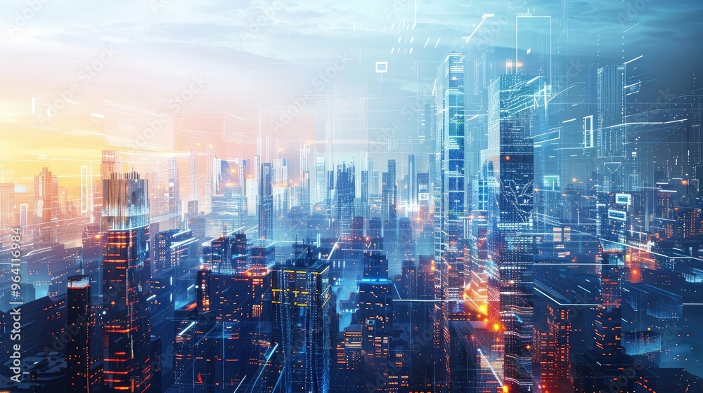 Futuristic Digital Cityscape at Sunrise