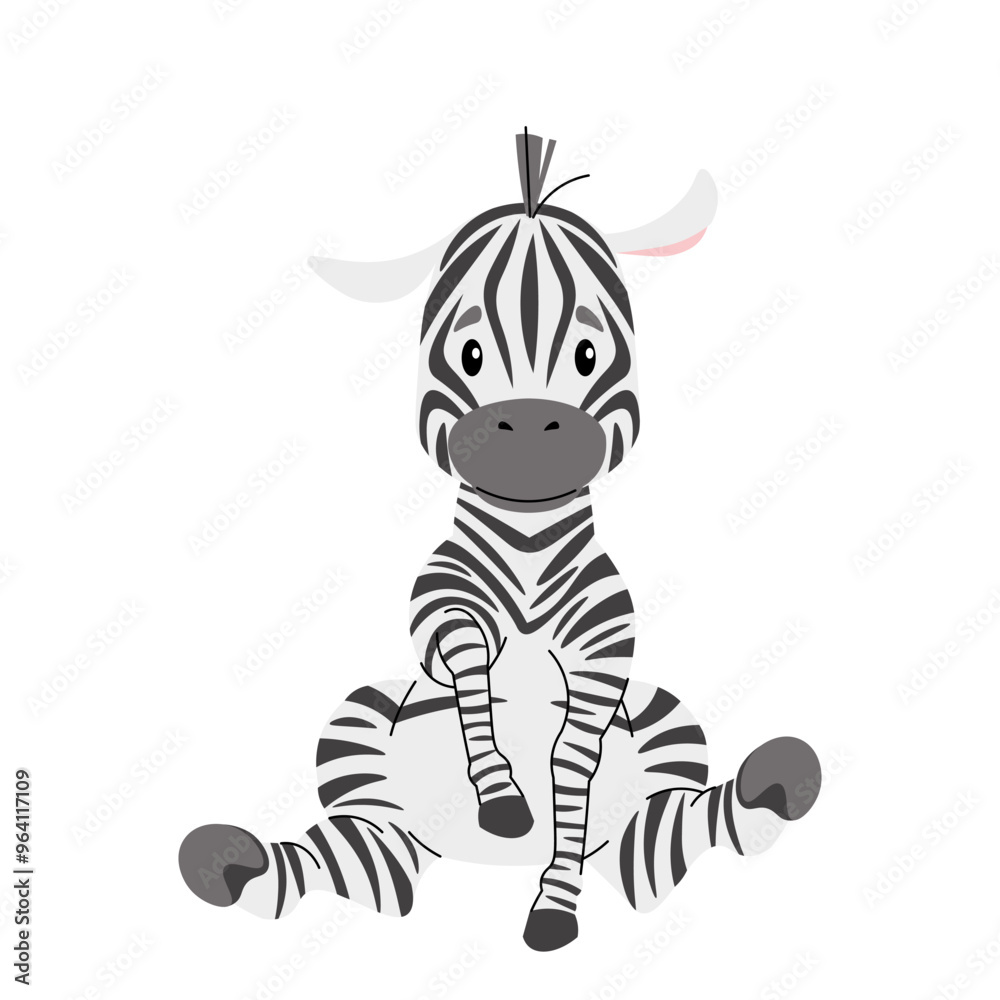 Obraz premium Cute zebra on white background. Cartoon african animal in flat style. Safari collection. Vector children's illustration for clothes, fabric, greeting cards, stickers, etc.