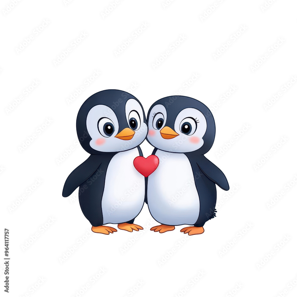 Obraz premium A pair of cute cartoon penguins holding a heart, symbolizing love and friendship in a cheerful, whimsical style.