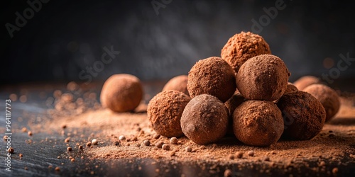 Truffle chocolate candy coated in rich cocoa powder on a dark background photo